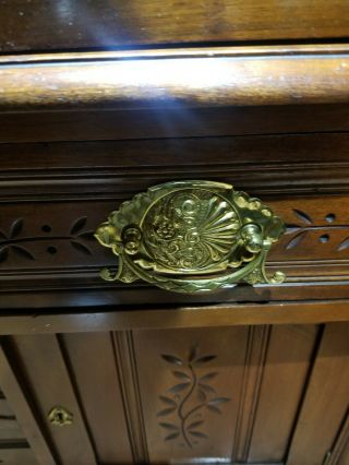 Antique Eastlake Pin / Walnut Cylinder Secretary Desk Book Case 8