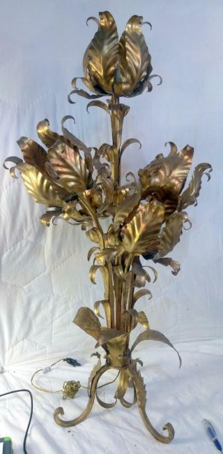 Vintage Mid Century Modern Lamp Light Gold Gilt Wrought Iron Italian Tole Floral
