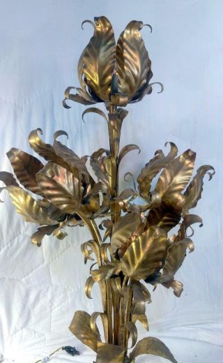 Vintage Mid Century Modern Lamp Light Gold Gilt Wrought Iron Italian Tole Floral 2