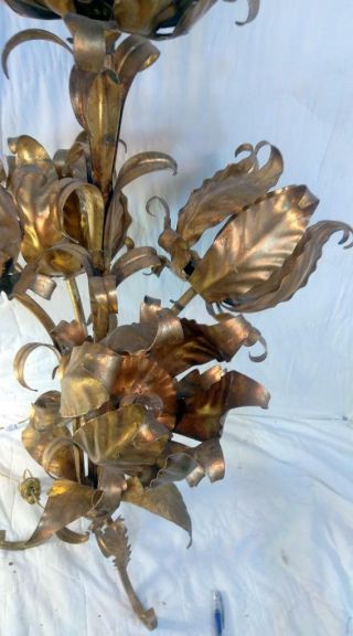 Vintage Mid Century Modern Lamp Light Gold Gilt Wrought Iron Italian Tole Floral 3