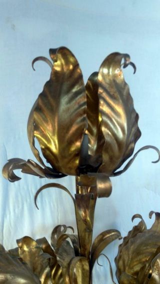Vintage Mid Century Modern Lamp Light Gold Gilt Wrought Iron Italian Tole Floral 4
