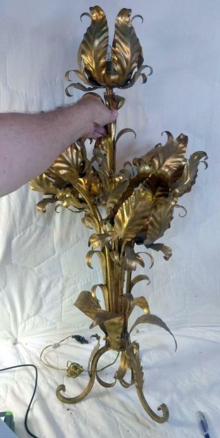 Vintage Mid Century Modern Lamp Light Gold Gilt Wrought Iron Italian Tole Floral 6