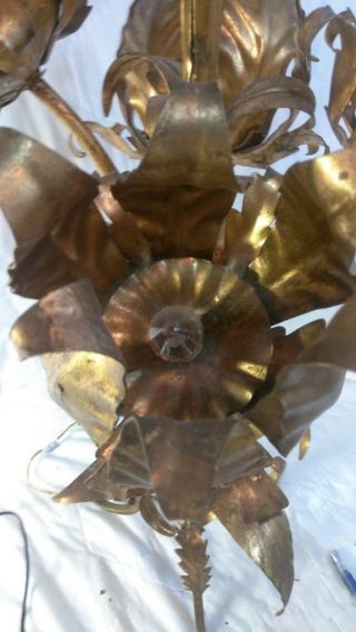 Vintage Mid Century Modern Lamp Light Gold Gilt Wrought Iron Italian Tole Floral 8