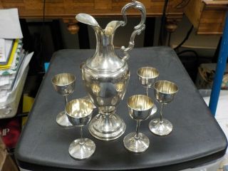 Antique 800 Silver Ewer Pitcher With 6 800 Silver Mini Goblets 309gr