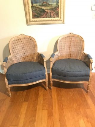 Pair Vintage French Provincial Country Cottage Cane Back Blue Accent Chairs