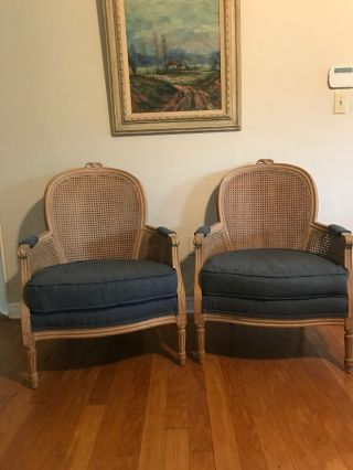 Pair Vintage French Provincial Country Cottage Cane Back Blue Accent Chairs 2