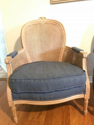 Pair Vintage French Provincial Country Cottage Cane Back Blue Accent Chairs 3