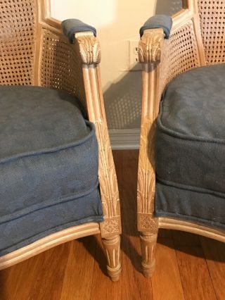 Pair Vintage French Provincial Country Cottage Cane Back Blue Accent Chairs 6