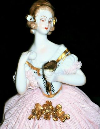 Antique German Dresden Lace Muller Art Deco Lady With Mirror Porcelain Figurine