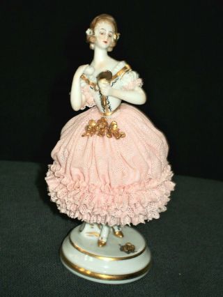 ANTIQUE GERMAN DRESDEN LACE MULLER ART DECO LADY WITH MIRROR PORCELAIN FIGURINE 2