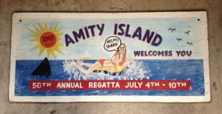 4.  5 Ft Painted Jaws Amity Island Billboard Wood Movie Sign Art Shark Beach Pool