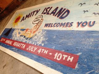 4.  5 ft painted JAWS Amity Island billboard WOOD movie sign art SHARK BEACH POOL 2