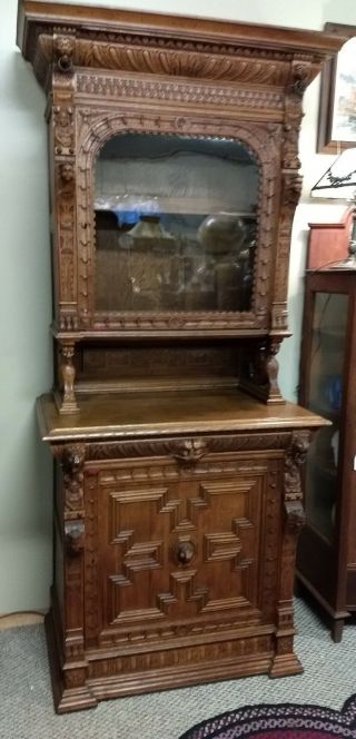 Antique Heavily Carved Oak Cabinet With Lions And Figures