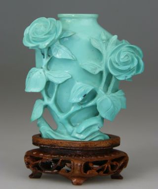 Antique Chinese Turquoise Stone Carved Vase Snuff Bottle Flowers - Qing 19th