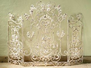 French Country Old World Antique White Iron Floral Fireplace Screen,  46  X 34  H