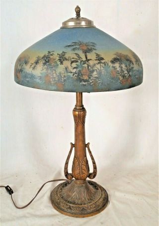Antique Victorian Art Nouveau Reverse Painted Lamp With Palm Trees