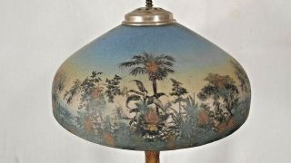 ANTIQUE VICTORIAN ART NOUVEAU REVERSE PAINTED LAMP WITH PALM TREES 5