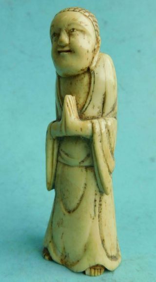 Antique Hand Carved Bone Standing Immortal Figure China Or Japan 1800s