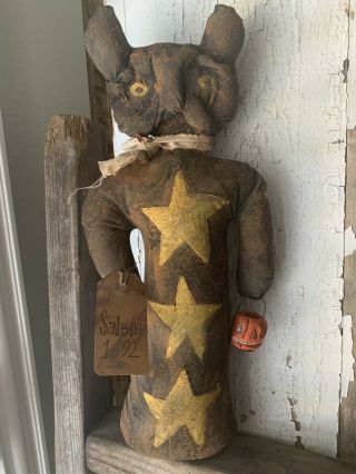 Primitive Folk Art Salem 1692 Kitty With Halloween Jack O Lantern Sitter
