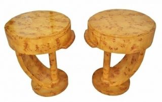 Gorgeous Art Deco Style Pair Side Cocktail Tables Commodes Burl Satin Wood