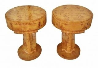 GORGEOUS Art Deco style Pair side cocktail tables commodes burl Satin Wood 2