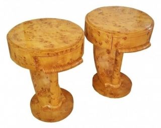 GORGEOUS Art Deco style Pair side cocktail tables commodes burl Satin Wood 3
