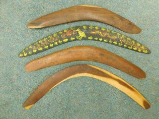 B11 4x Asst Australian Aboriginal Boomerangs Mulga Hand Painted Poker Work Etc