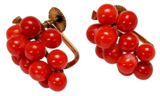 ANTIQUE 19TH C.  VICTORIAN CARVED RED CORAL GRAPE CLUSTER & 14K GOLD EARRINGS 4