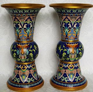 Antique Chinese Cloisonne Gu Shape Vases 10 1/4 " Devil Faces Rare Unique