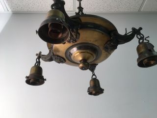 Antique Arts & Crafts Mission Style Brass Ceiling Lamp 4 Light Fixture w/ Shades 4