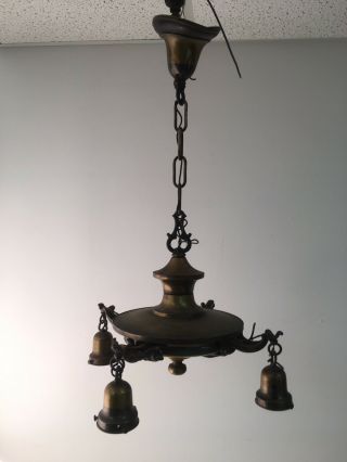 Antique Arts & Crafts Mission Style Brass Ceiling Lamp 4 Light Fixture w/ Shades 7