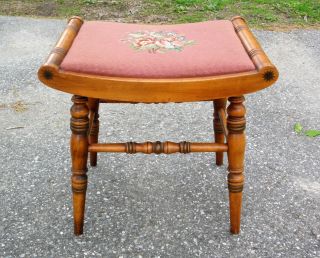 Vintage L Hitchcock Colonial Maple Stenciled Needlepoint Foot Stool Vanity Bench