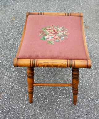 Vintage L Hitchcock Colonial Maple Stenciled Needlepoint Foot Stool Vanity Bench 3