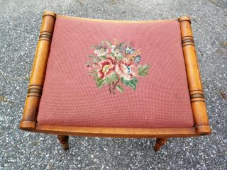 Vintage L Hitchcock Colonial Maple Stenciled Needlepoint Foot Stool Vanity Bench 7