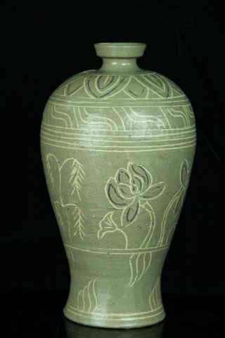 JUN022 KOREAN GORYEO CELADON PORCELAIN BLACK&WHITE INLAY MEIPING VASE BOTTLE 3