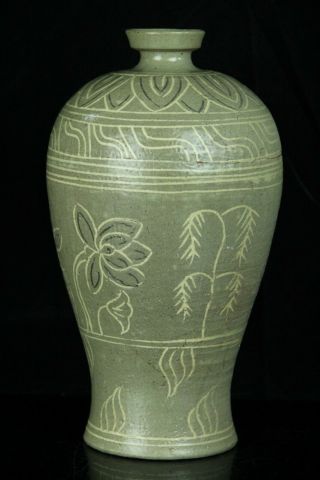 JUN022 KOREAN GORYEO CELADON PORCELAIN BLACK&WHITE INLAY MEIPING VASE BOTTLE 4