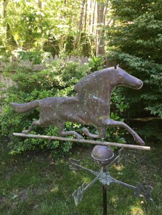 VINTAGE ANTIQUE PATINATED COPPER HORSE WEATHERVANE WITH COMPASS 11