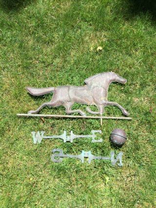 VINTAGE ANTIQUE PATINATED COPPER HORSE WEATHERVANE WITH COMPASS 12