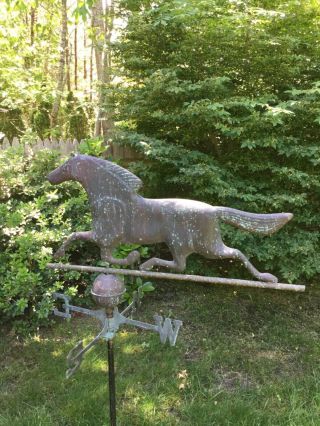 Vintage Antique Patinated Copper Horse Weathervane With Compass