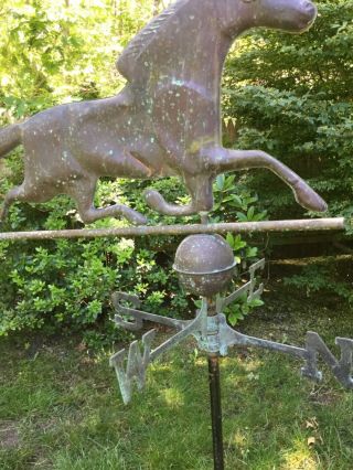 VINTAGE ANTIQUE PATINATED COPPER HORSE WEATHERVANE WITH COMPASS 2