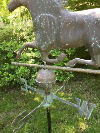 VINTAGE ANTIQUE PATINATED COPPER HORSE WEATHERVANE WITH COMPASS 6