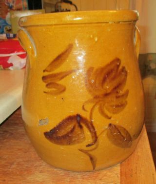 One Gallon Primitive Brown Floral Decorated WHITEWATER STONEWARE Jar Crock 8