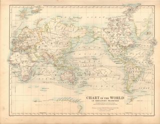 1887 Large Antique Map - Johnston - Chart Of The World On Mercator 