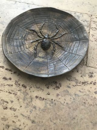 Arts & Crafts Dark Bronze Brass Tray Dish With Spider In Web