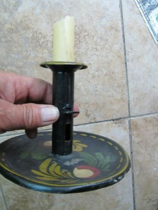 1820 Antique Tole Tin Decorated Sliding Candle Holder,  Painted,  Hogscraper