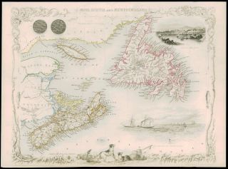 1850 " Nova Scotia & Newfoundland " Antique Map By Tallis Canada 1st Issue (156dw)