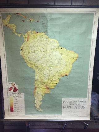 Vintage Rare South America School Wall Map Density Population Denoyer Geppert