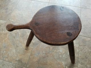 Antique Rare 3 Leg Walnut Milking Stool With Handle Carved Into It