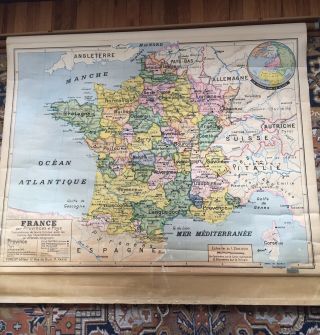Vintage Antique Roll Up School Map Of France,  In French,  1957