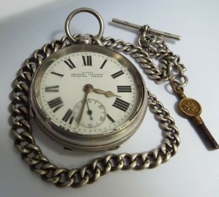 LARGE ENGLISH ANTIQUE 1903 STERLING SILVER POCKET WATCH & CHAIN 10